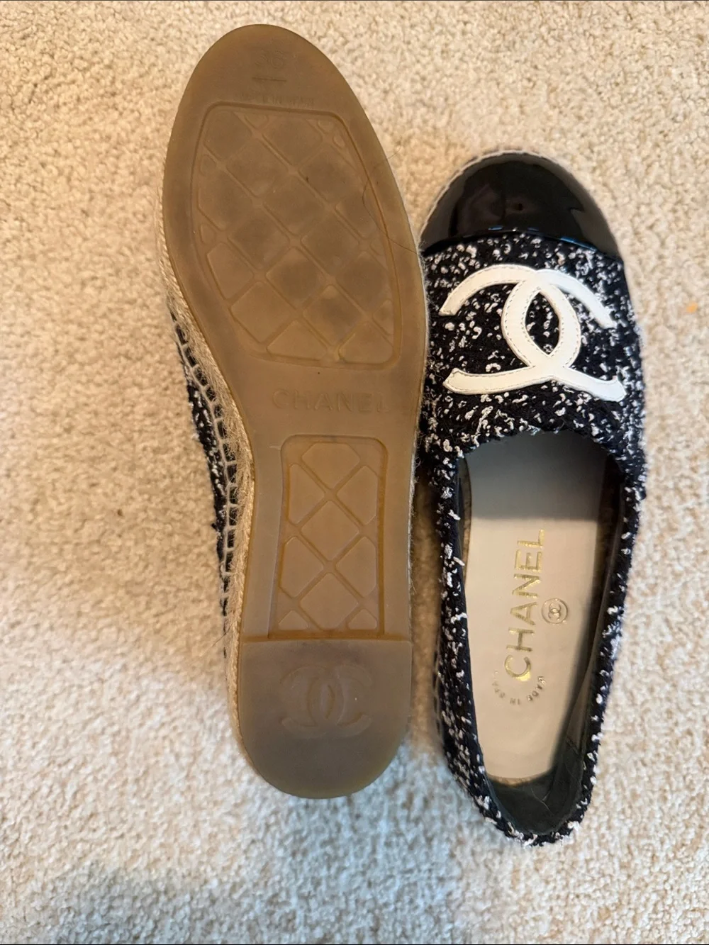 CHANEL Black & White Tweed CC Logo Slip-On Flats